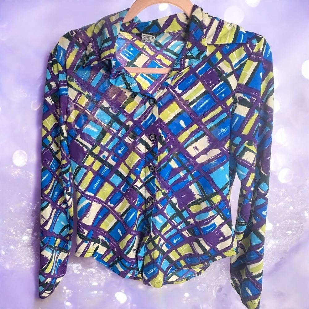 VTG Rich Birds Colorful Geometric Stretchy Button Down Top Long Sleeves Y2K - Picture 5 of 12